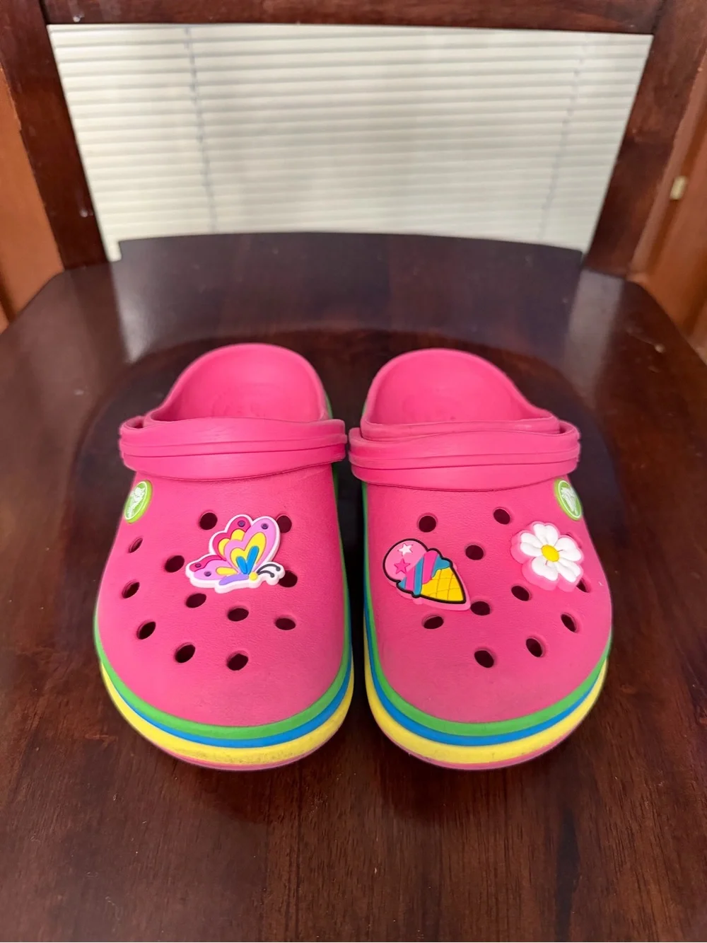 CROCS Kids Pink Clogs with Rainbow Layered Sole